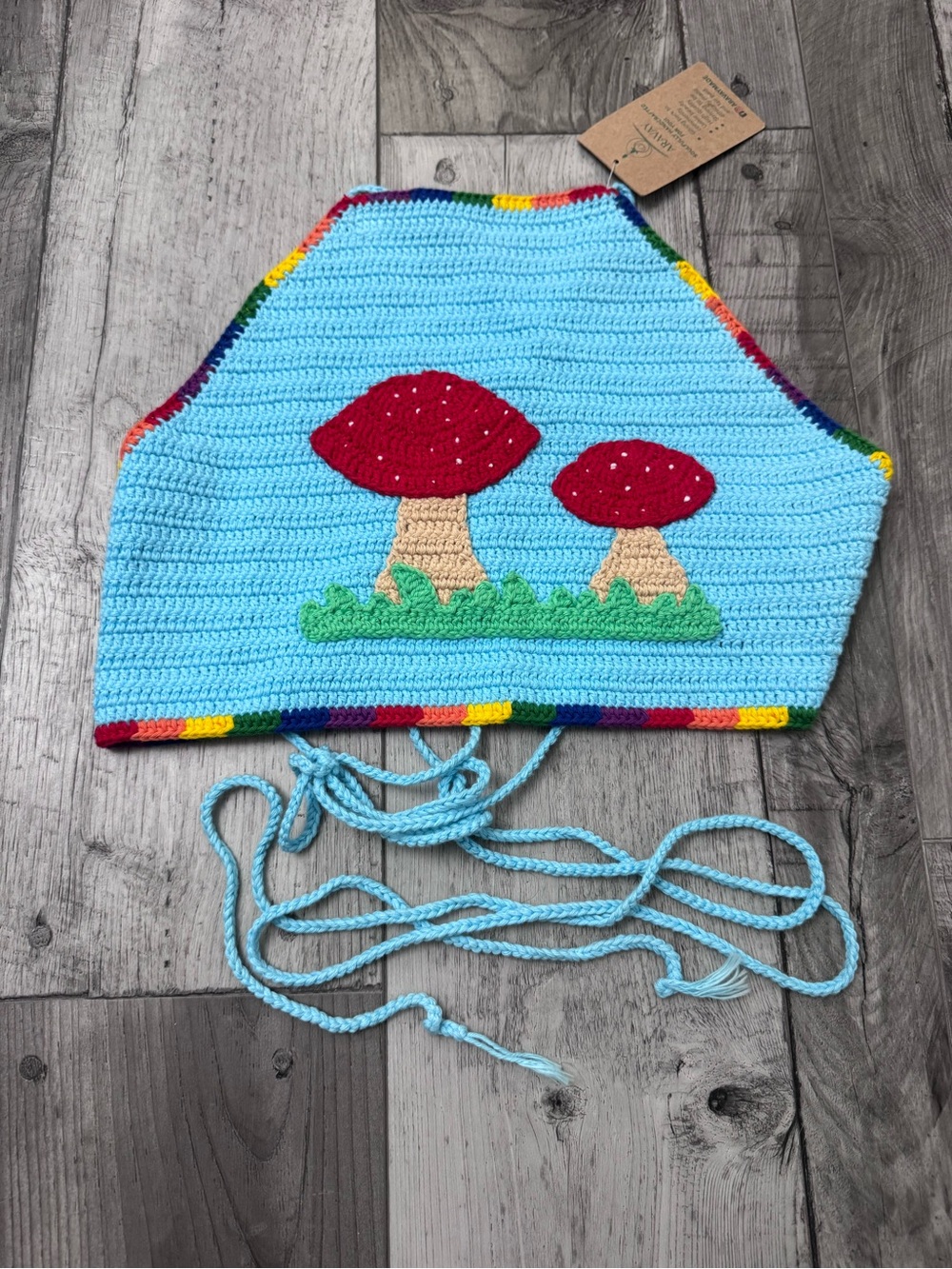 Crochet Mushroom Halter Top Women’s Festival Blue Handmade Boho Knit New L/XL